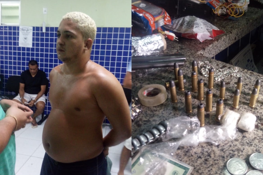 Ruan Carlos foi flagrado com drogas, arma de fogo, munições e R$ 477 em moedas.