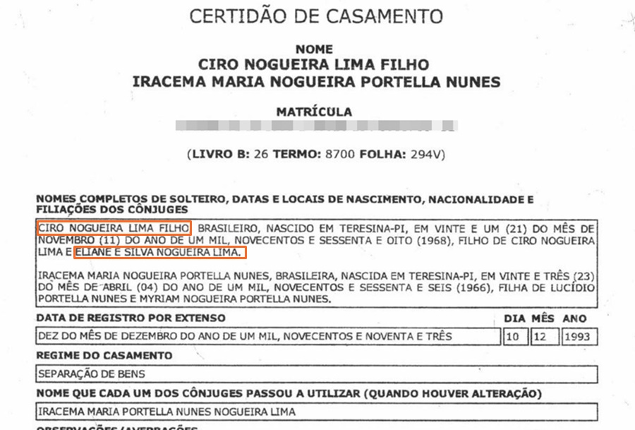 Certidão de casamento de Ciro Nogueira mostra a relação de parentesco com Eliane.