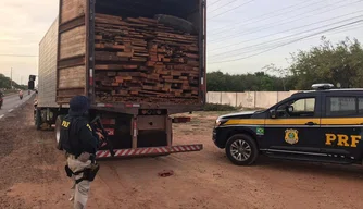 Carga de madeira ilegal apreendia na BR 402, em Parnaíba.