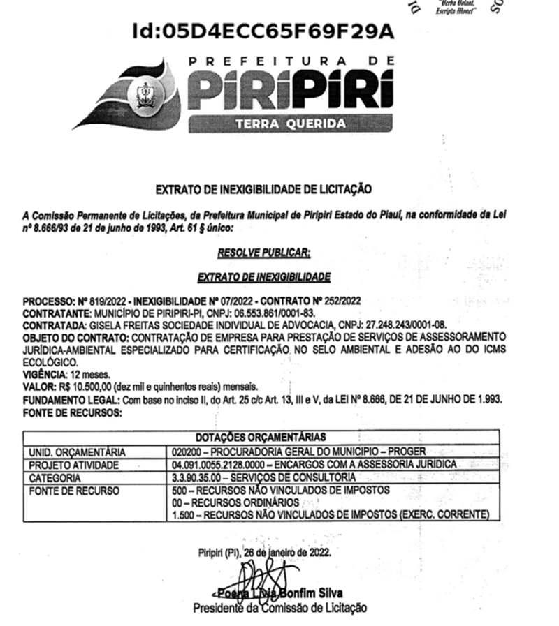 Contrato assinado pela prefeita de Piripiri, Jove Oliveira.