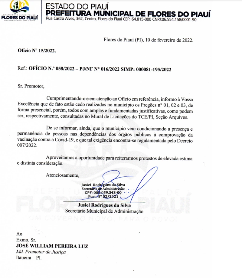 Ofício da prefeitura de Flores do Piauí.
