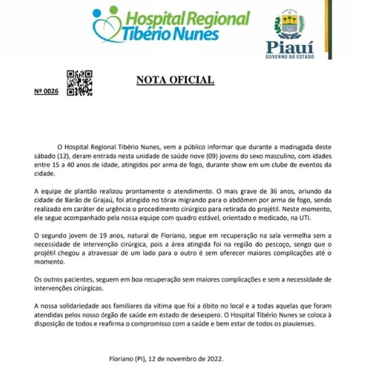 Hospital de Floriano divulga estado de saúde das vitimas do show desse sábado