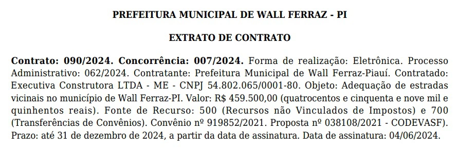 Extrato do contrato da prefeitura de Wall Ferraz com a Executiva Construtora.