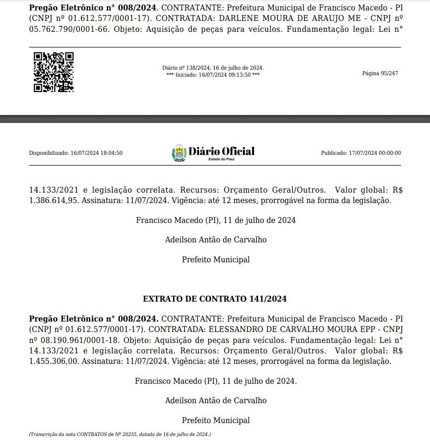 Contratos firmados pela Prefeitura de Francisco Macedo