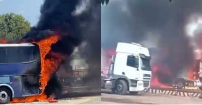 Ônibus e duas carretas pegam fogo em posto de combustíveis no bairro Dirceu