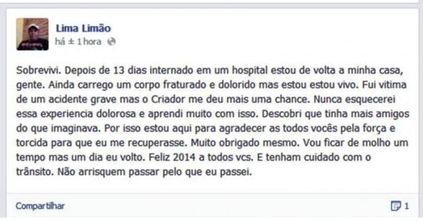 Raimundo Lima faz desabafo em seu perfil no Facebook(Imagem:Reprodução/Facebook)